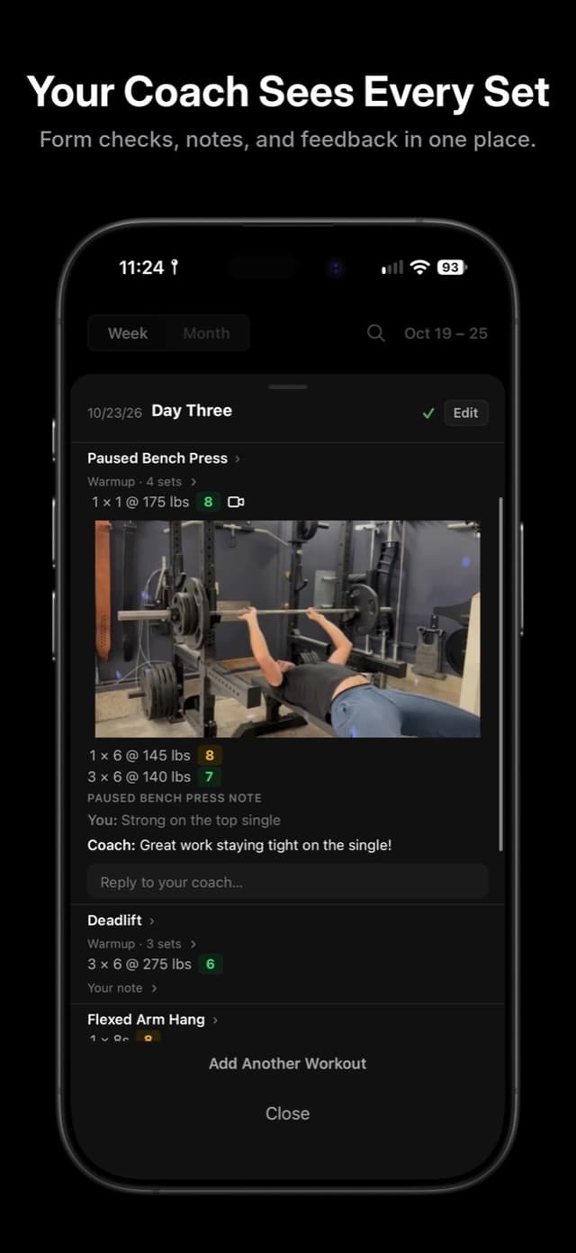 Completed bench press session with a form check video, the athlete's note and the coach's reply