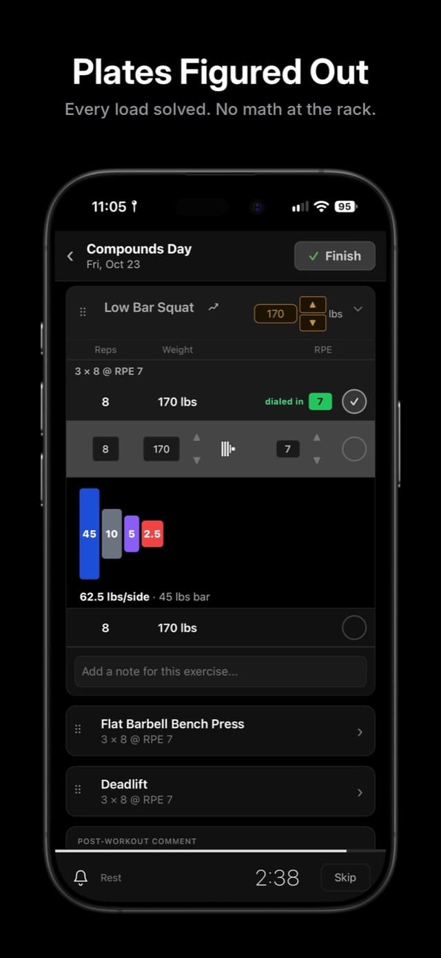 Workout logger showing low bar squat at 170 lbs with the plates for each side of the bar
