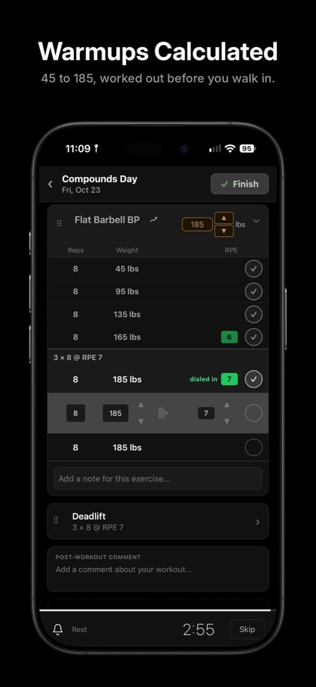 Bench press in the logger with warmup sets from 45 to 165 lbs leading into working sets at 185