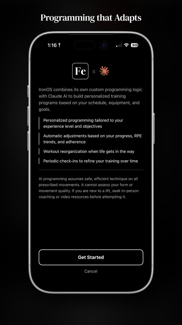 AI coaching intro screen showing personalized programming, automatic adjustments, and periodic check-ins