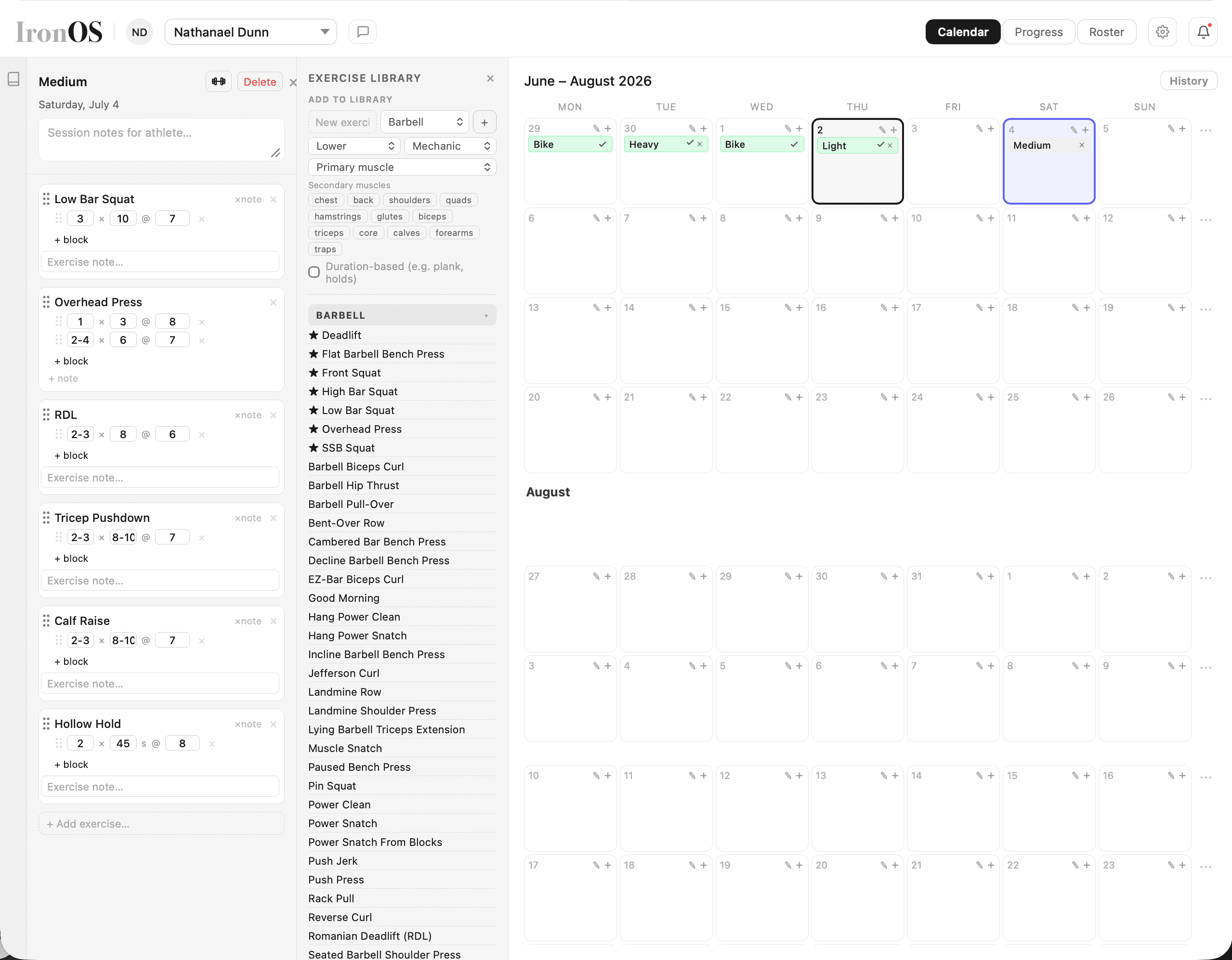 IronOS coaching platform showing workout programming, exercise library, and athlete calendar